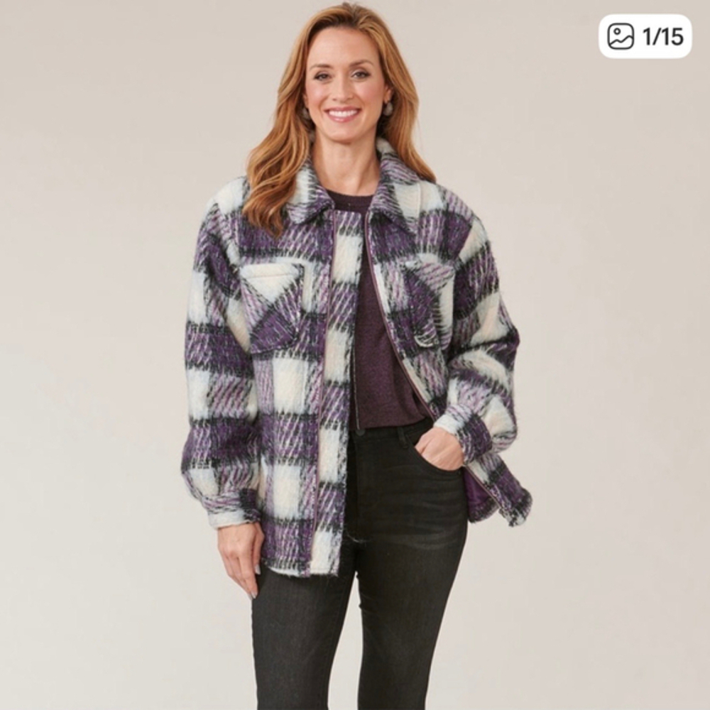 Democracy Long Blouson Sleeve Zip Front Collared Patch Pocket Plaid Jacket XS